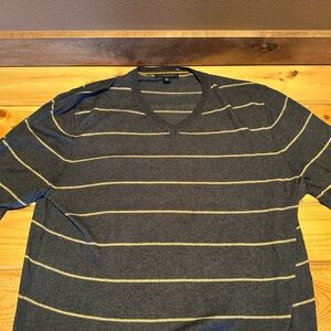 Banana Republic V-Neck Sweater in Gray and Gold Stripes